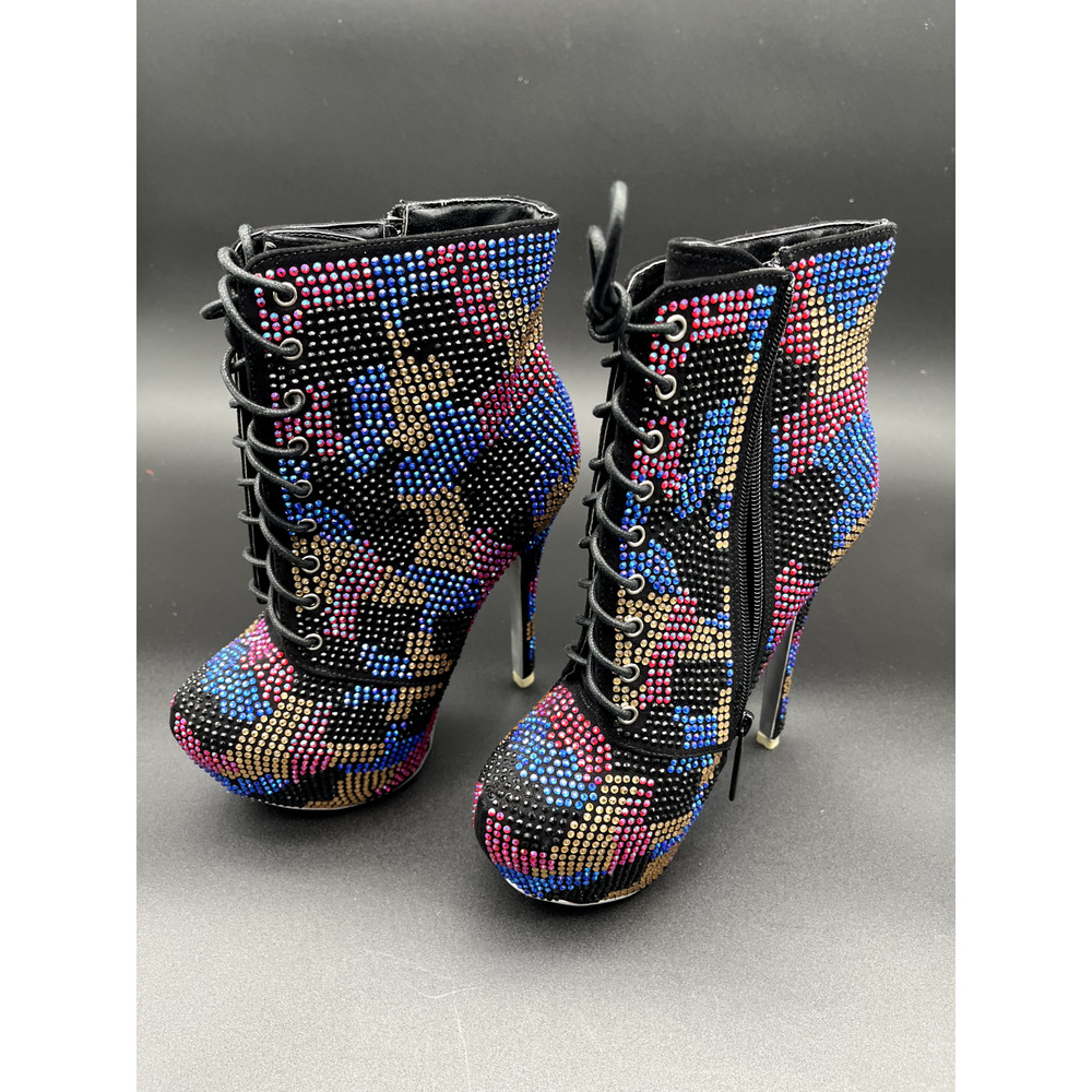 Shiekh Black Rhinestones 6"High Heel 2"Platform Zip Up Ankle Sexy Boot Size 6.5